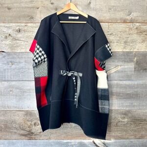 Cameleon Patchwork Plaid Wool Poncho Wrap Jacket OS Black Red Lagenlook Artsy